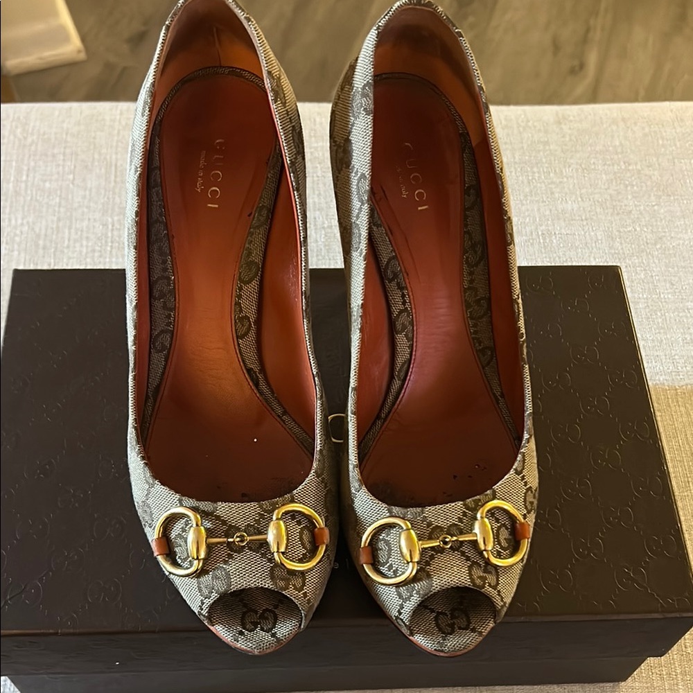 Gucci Women's Monogram Peep-Toe Heels - Brown and Gold
